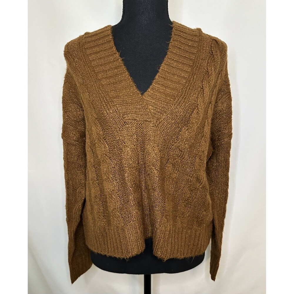AMERICAN EAGLE Brown V-Neck Open Stitch Cable Knit‎ Super Soft Crop Sweater XS